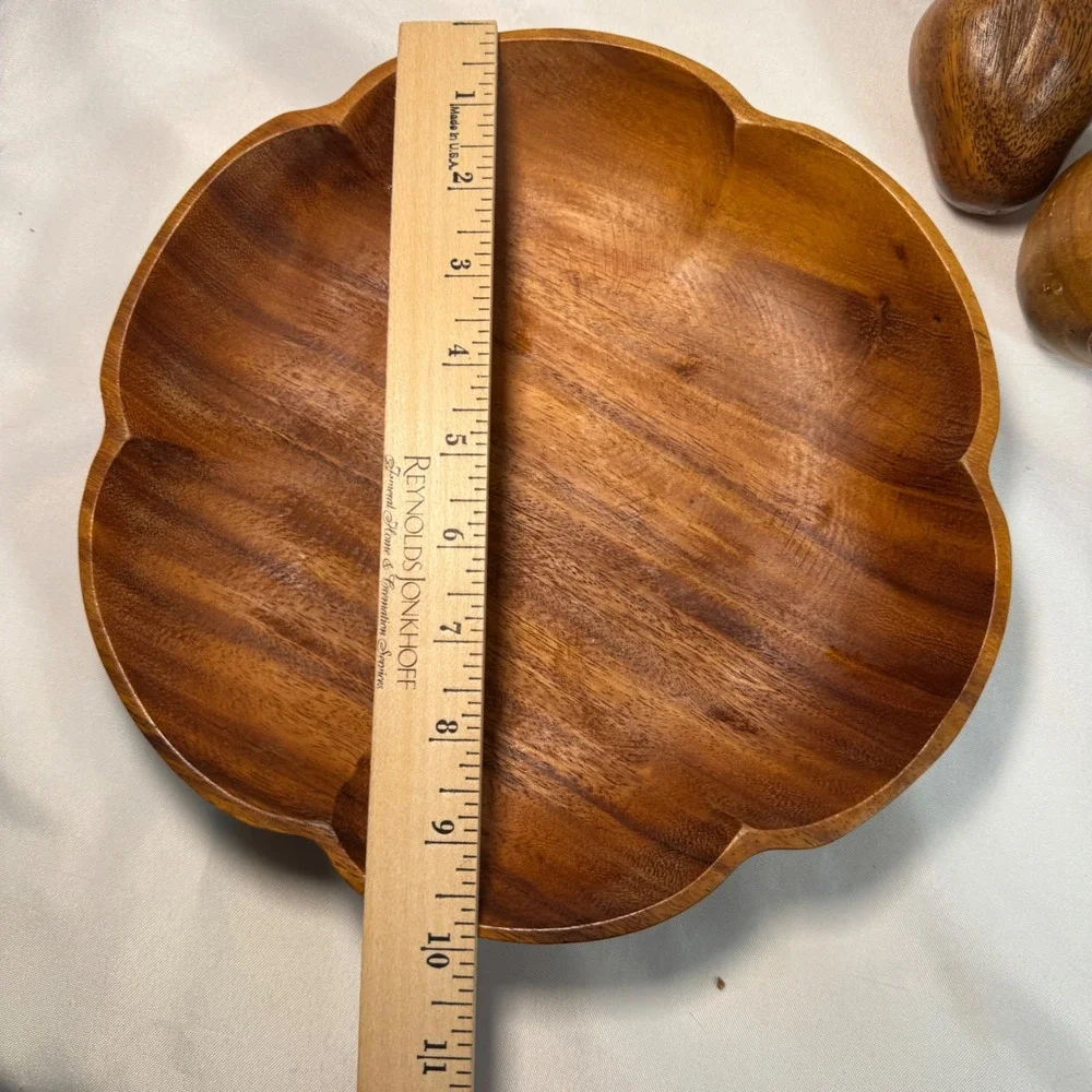 Vintage Hand Carved Wooden Fruit Set with Scalloped Bowl MCM Decor 10 Piece